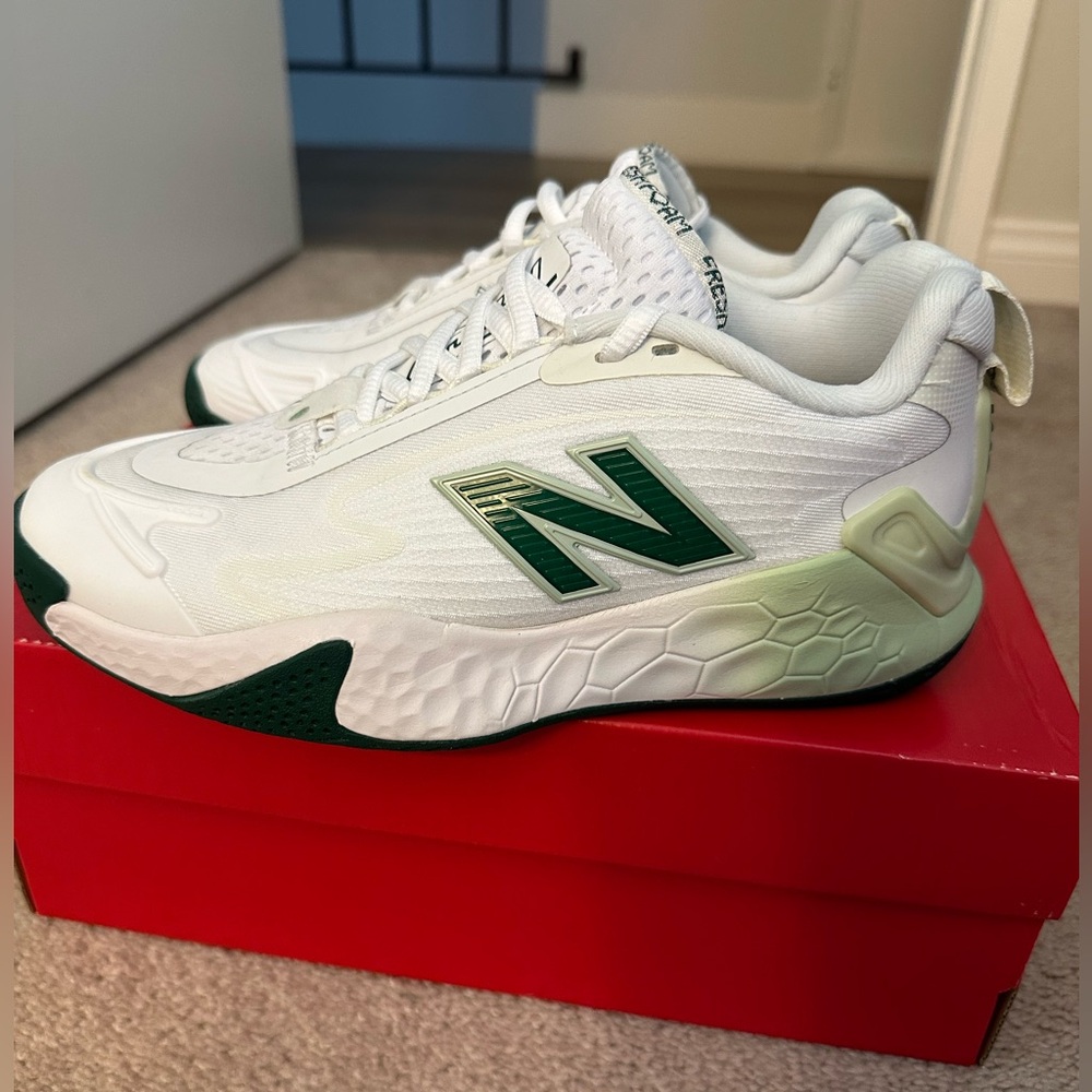 New Balance White and Dark Green Athletic Shoes